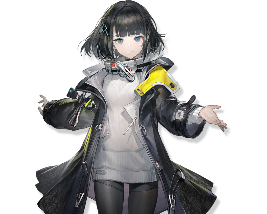 1girl arknights arknights:_endfield black_coat black_eyes black_hair black_pantyhose coat cowboy_shot endministrator_(arknights) female_endministrator_(arknights) hair_ornament layered_sleeves long_sleeves looking_at_viewer official_art open_clothes open_coat open_hand pantyhose ribbed_sweater short_hair simple_background smile solo sweater transparent_background white_sweater