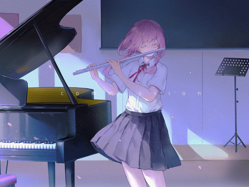 1girl black_skirt bow bowtie braid chair chinese_commentary closed_eyes collared_shirt commentary_request commission covered_mouth english_text eyelashes flute grand_piano holding holding_instrument indoors instrument kaf_(kamitsubaki_studio) kamitsubaki_studio light_rays medium_hair miniskirt music music_stand petals piano pink_hair playing_instrument pleated_skirt pocket red_bow red_bowtie school_uniform shirt short_sleeves skirt solo twin_braids virtual_youtuber white_shirt yunouou10