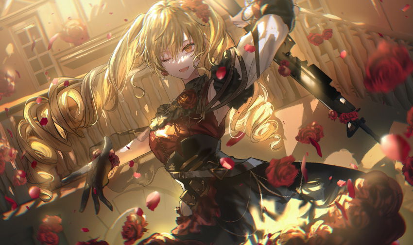 1girl asano_(kazusasn) black_gloves blonde_hair detached_sleeves dress dress_flower drill_hair earrings falling_petals fenny_golden flower frills gloves gun hair_between_eyes hair_flower hair_ornament highres holding holding_gun holding_weapon jewelry long_hair looking_at_viewer one_eye_closed open_mouth orange_eyes petals red_flower red_rose rose shiny_lips shirt single_detached_sleeve snow_break:_forbidden_descent snowbreak:_containment_zone solo spread_fingers twin_drills twintails upper_body very_long_hair waistcoat weapon