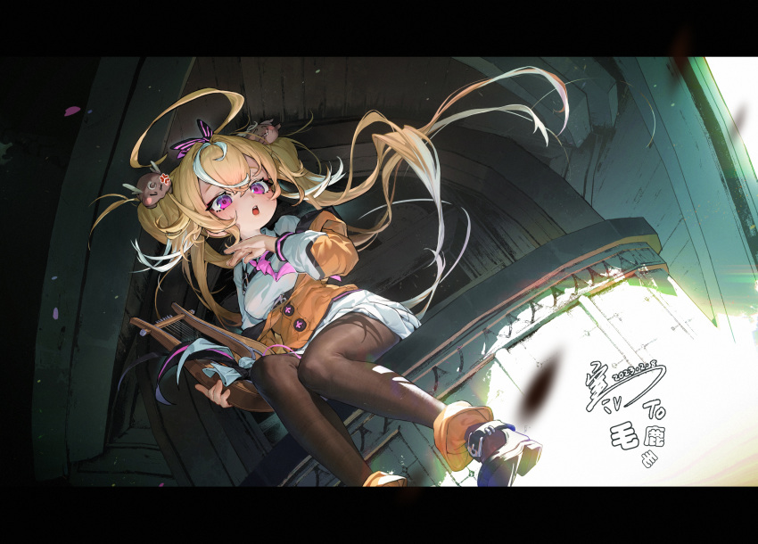 1girl blonde_hair blush breasts brown_footwear brown_pantyhose commentary_request dated dress floating_hair full_body hair_between_eyes hair_ornament hair_scrunchie han_keshi_chao_mang_de hand_up highres holding holding_instrument instrument jacket letterboxed long_hair long_sleeves lyre medium_breasts multicolored_hair necktie off_shoulder open_mouth orange_jacket original pantyhose pink_necktie scrunchie signature sitting solo streaked_hair twintails very_long_hair violet_eyes white_dress