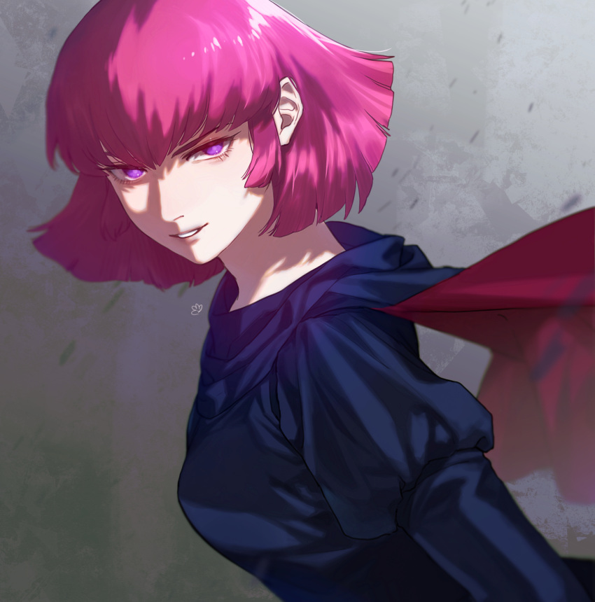 1girl artist_logo black_cape black_shirt breasts cape commentary_request from_side gundam haman_karn highres long_sleeves looking_at_viewer medium_breasts parted_lips pink_hair shirt short_hair smile solo teeth turning_head upper_body ususio_11 v-shaped_eyebrows violet_eyes zeta_gundam