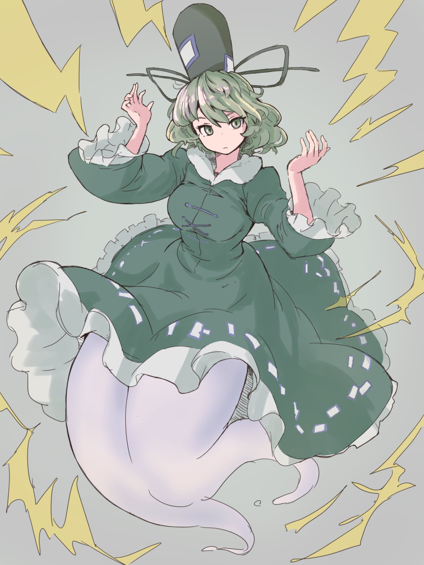 1girl bifidus_(exkagerou8665) black_headwear closed_mouth cross-laced_clothes dress frilled_dress frills full_body ghost_tail green_dress green_eyes green_hair hat highres lightning long_sleeves looking_at_viewer short_hair soga_no_tojiko solo tate_eboshi touhou