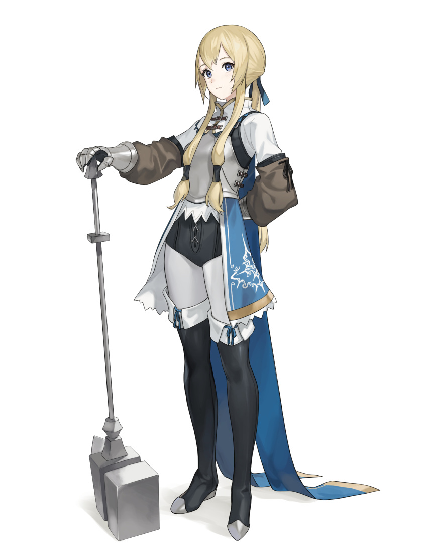 1girl arm_behind_back armor blonde_hair blue_eyes boots breastplate full_body gauntlets golden_crown_guardian_(km_yama) hammer hand_on_hilt highres km_yama long_hair looking_at_viewer original solo standing thigh_boots war_hammer weapon white_background