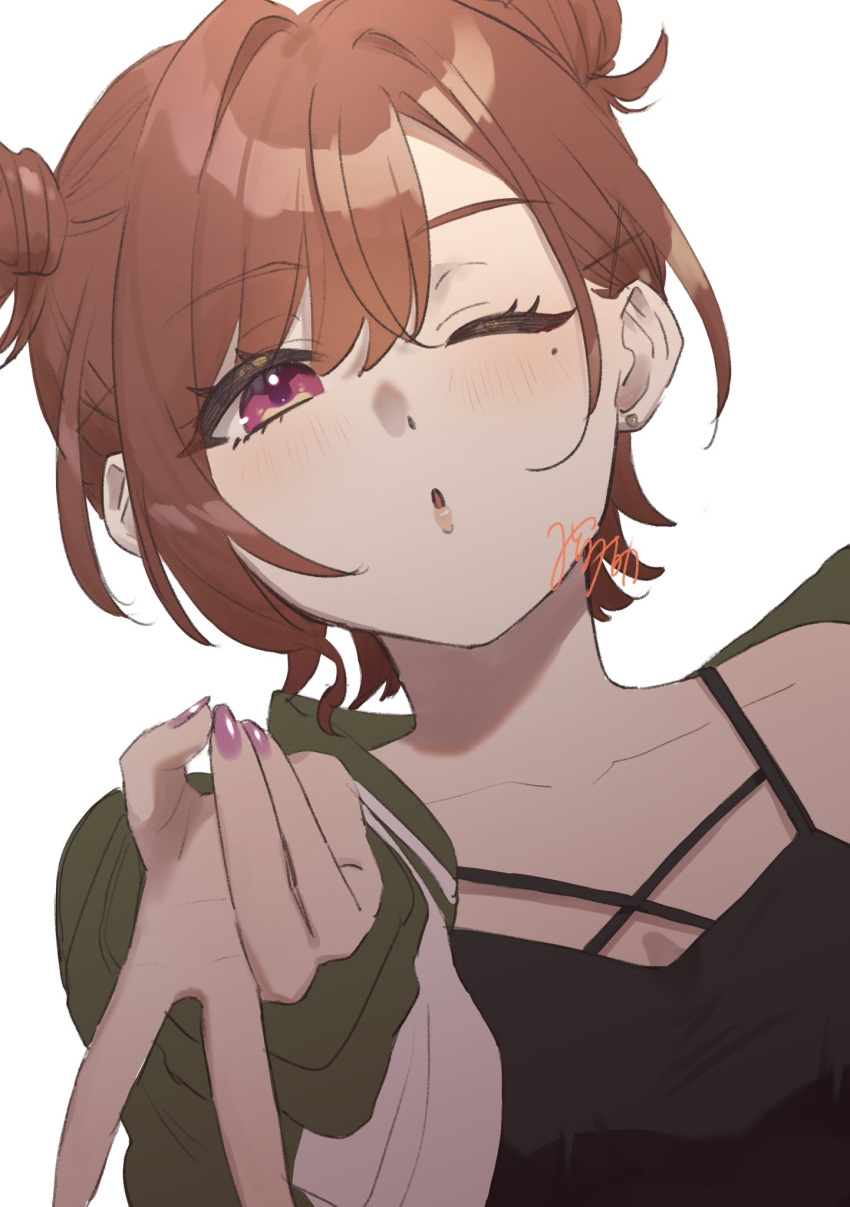 1girl :o alternate_hairstyle black_camisole camisole close-up collarbone double_bun fingernails green_jacket gyaru_v hair_bun hair_intakes hair_ornament hand_up highres higuchi_madoka idolmaster idolmaster_shiny_colors jacket mitora_nao mole mole_under_eye nail_polish one_eye_closed open_clothes open_jacket parted_bangs parted_lips pink_eyes pink_nails redhead simple_background solo upper_body v white_background x_hair_ornament