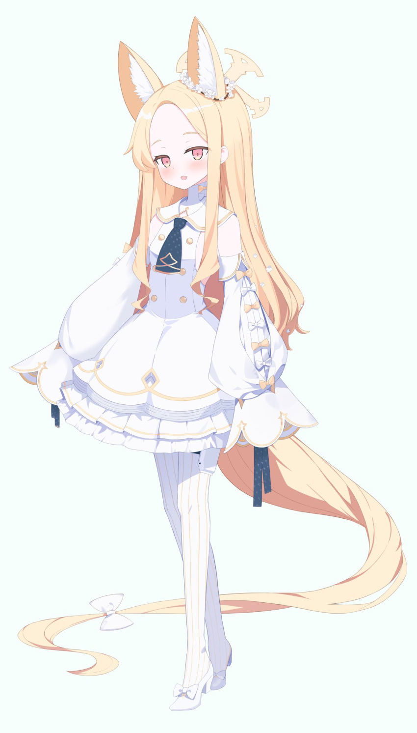 1girl animal_ear_fluff animal_ears bare_shoulders blonde_hair blue_archive blush detached_sleeves dress efu_(ehutan) extra_ears full_body halo high_heels highres long_hair open_mouth pantyhose seia_(blue_archive) sleeves_past_fingers sleeves_past_wrists solo striped striped_pantyhose tail vertical-striped_pantyhose vertical_stripes white_dress white_footwear white_pantyhose white_sleeves yellow_eyes yellow_halo