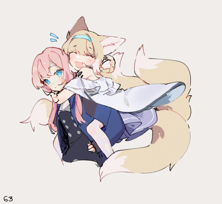 2girls animal_ear_fluff animal_ears aqua_hairband arknights blue_eyes blue_jacket blue_poison_(arknights) carrying commentary dailybloopy fox_ears fox_girl fox_tail grey_background hair_rings hairband jacket kitsune kyuubi long_hair low_twintails multiple_girls multiple_tails open_clothes open_jacket oripathy_lesion_(arknights) piggyback pink_hair simple_background suzuran_(arknights) tail twintails