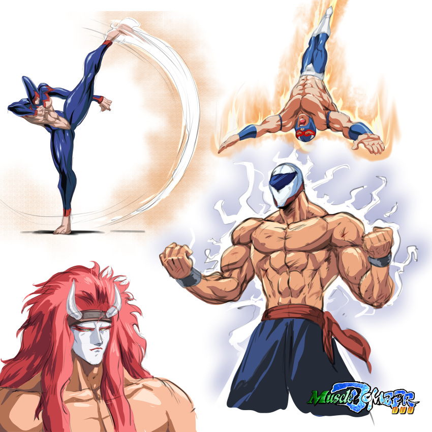 4boys absurdres capcom clenched_hands el_stingray energy facepaint hara_tetsuo_(style) highres horns japanese_clothes jumping kabuki kicking logo luchador luchador_mask manly mask multiple_boys muscular mysterious_budo official_style oni_horns phantomstudio-tommy ring_of_destruction:_slam_masters_ii saturday_night_slam_masters the_scorpion_(slam_masters) title wrestler
