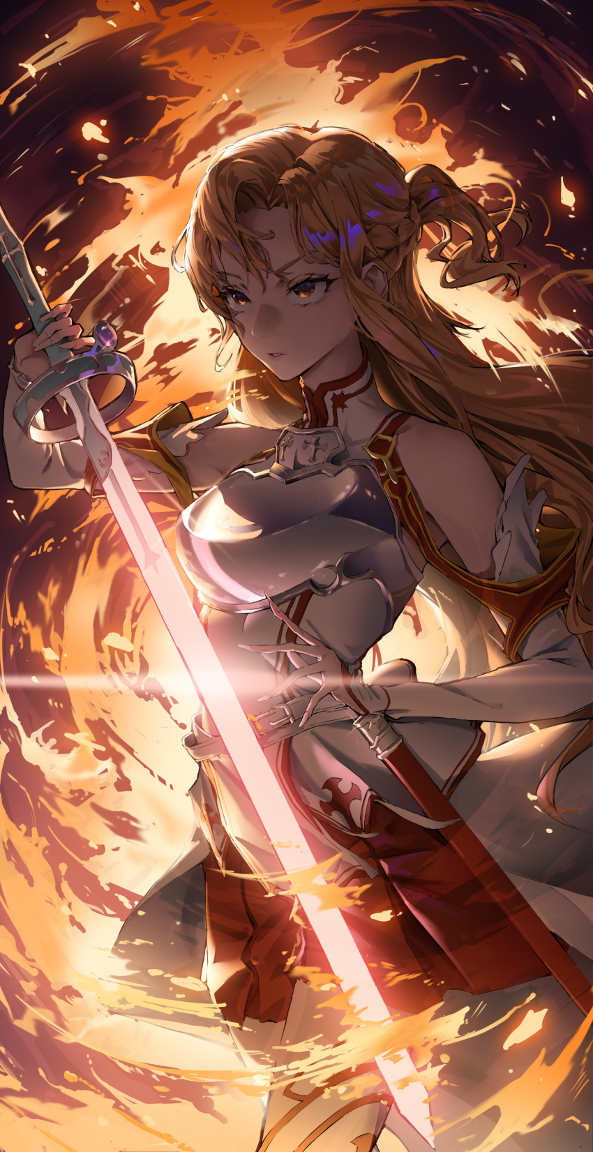 1girl absurdres armor asuna_(sao) braid breastplate breasts brown_eyes brown_hair detached_sleeves dress fiery_background fire french_braid highres holding holding_sword holding_weapon jhigf knights_of_blood_uniform_(sao) long_hair looking_ahead medium_breasts parted_lips pleated_skirt rapier red_skirt serious sheath short_ponytail skirt sleeveless sleeveless_dress solo sword sword_art_online thigh-highs weapon white_armor white_dress white_sleeves white_thighhighs