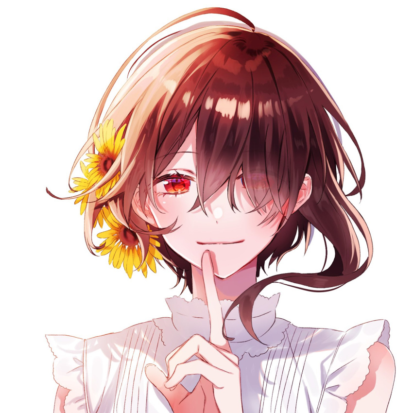 1girl ahoge asymmetrical_hair bare_arms brown_hair closed_mouth coco_079 commentary dot_nose eyes_visible_through_hair finger_to_mouth floating_hair flower frilled_shirt_collar frills hair_flower hair_ornament hair_over_one_eye hand_up highres index_finger_raised light_smile long_bangs looking_at_viewer original pleated_shirt red_eyes redhead shirt short_hair short_hair_with_long_locks simple_background sleeveless sleeveless_shirt solo straight-on sunflower symbol-only_commentary white_background white_shirt