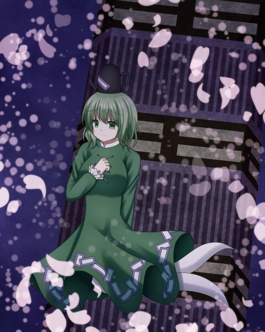1girl breasts closed_mouth commentary_request cross-laced_clothes dress full_body ghost_tail green_dress green_eyes green_hair highres long_sleeves looking_at_viewer nanamiko74 ofuda ofuda_on_clothes outdoors petals short_hair soga_no_tojiko solo touhou