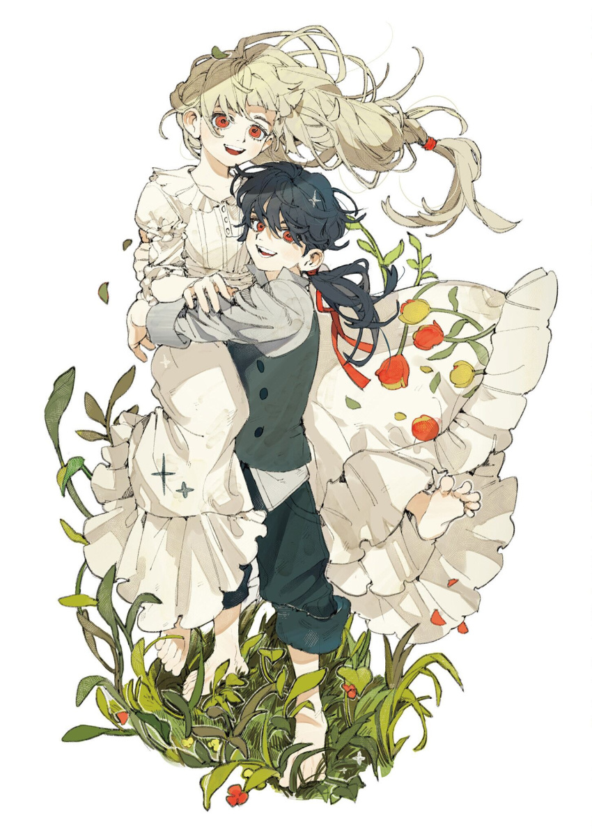 1boy 1girl barefoot black_hair daruma_owl dress floral_print flower grass highres hug light_brown_hair long_hair looking_at_viewer low-tied_long_hair making-of_available on_grass original pants pants_rolled_up parted_lips red_eyes red_flower simple_background sleeves_rolled_up smile soles standing teeth tulip upper_teeth_only vest white_background white_dress