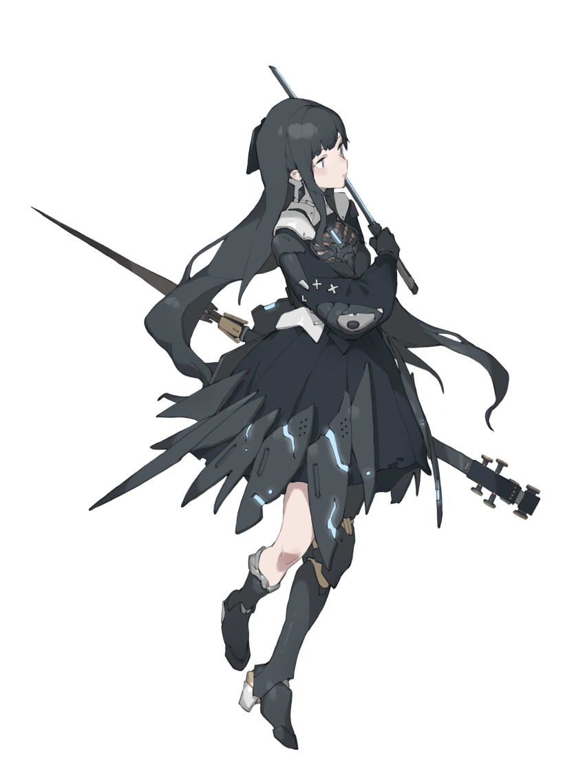 1girl absurdres armor armored_dress black_dress black_footwear black_hair boots dress earrings from_side full_body highres holding holding_sword holding_weapon jewelry joints knee_boots long_hair looking_to_the_side mechanical_legs mechanical_parts nainainainainaiya parted_hair puffy_sleeves punishing:_gray_raven robot_joints selena:_tempest_(punishing:_gray_raven) selena_(punishing:_gray_raven) sidelocks simple_background single_mechanical_leg solo sword very_long_hair violet_eyes weapon white_background