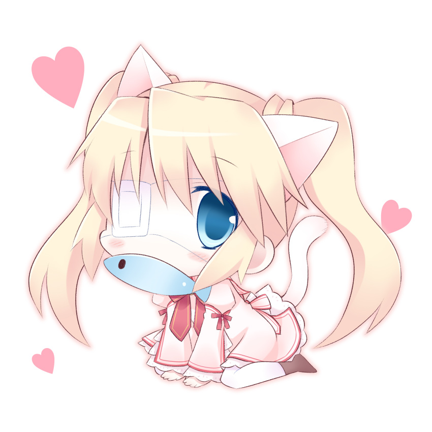1girl absurdres animal_ears arm_support blonde_hair blue_eyes blush_stickers cat_ears cat_tail chibi commentary_request dress eyepatch fish fish_in_mouth frilled_dress frilled_sleeves frills hair_between_eyes heart highres juliet_sleeves kazamatsuri_institute_high_school_uniform leaning_forward long_hair long_sleeves looking_at_viewer momoniku_(taretare-13) nakatsu_shizuru neck_ribbon one_eye_covered pantyhose partial_commentary pink_dress puffy_sleeves red_ribbon rewrite ribbon saury school_uniform sidelocks simple_background sitting solo tail twintails wariza white_background white_pantyhose wide_sleeves