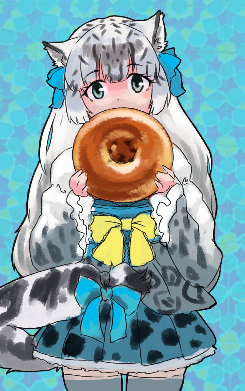 1girl absurdres alternate_hairstyle animal_ears animal_print blue_bow blue_skirt blush bow bread commentary_request covering_mouth cowboy_shot food frilled_skirt frilled_sleeves frills fur_collar green_eyes grey_hair grey_kimono grey_thighhighs hair_tie highres japanese_clothes kemono_friends kimono leopard_ears leopard_girl leopard_print leopard_tail long_hair looking_at_viewer multicolored_hair obi pleated_skirt print_kimono print_skirt sash short_kimono sidelocks skirt snow_leopard snow_leopard_(kemono_friends) solo tail tail_bow tail_ornament thigh-highs toriny white_fur white_hair yellow_bow zettai_ryouiki