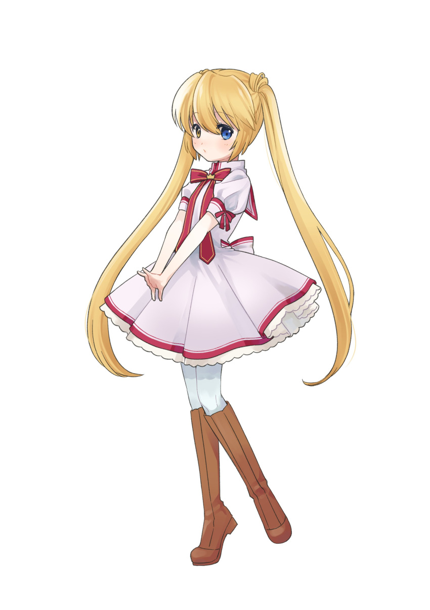 1girl absurdres back_bow blonde_hair blue_eyes blush boots bow brown_footwear closed_mouth commentary_request crown dress frilled_dress frills full_body hair_between_eyes highres interlocked_fingers kazamatsuri_institute_high_school_uniform long_hair looking_at_viewer may_salamanya mini_crown nakatsu_shizuru neck_ribbon own_hands_together pantyhose pink_dress puffy_short_sleeves puffy_sleeves red_ribbon rewrite ribbon school_uniform short_dress short_sleeves simple_background solo standing standing_on_one_leg straight_hair tareme tiptoes twintails v_arms very_long_hair white_background white_pantyhose yellow_eyes