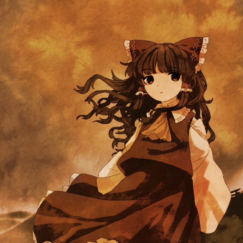 1girl ascot bow brown_eyes brown_hair collared_shirt commentary_request cowboy_shot detached_sleeves flat_chest frilled_bow frilled_hair_tubes frilled_shirt_collar frills hair_bow hair_tubes hakurei_reimu highres long_hair long_sleeves nontraditional_miko parted_lips red_bow red_shirt red_skirt retrochaossan shirt skirt sleeveless sleeveless_shirt solo touhou white_sleeves yellow_ascot