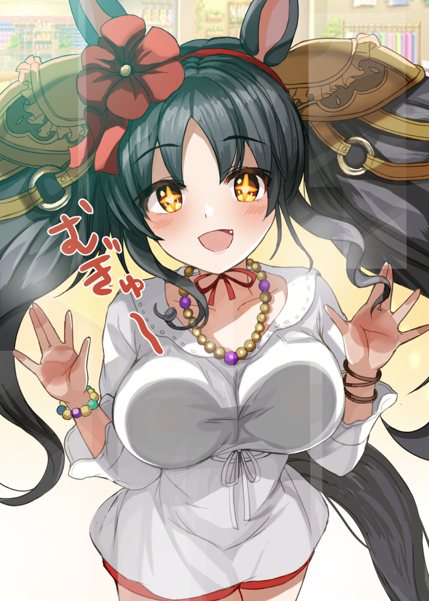 +_+ 1girl alternate_costume animal_ears black_hair blush breast_press breasts casual collarbone commentary_request fang hair_ornament hanamura_pink headband highres horse_ears horse_girl horse_tail jewelry large_breasts long_hair looking_at_viewer marvelous_sunday_(umamusume) mirror necklace shorts solo tail twintails umamusume yellow_eyes