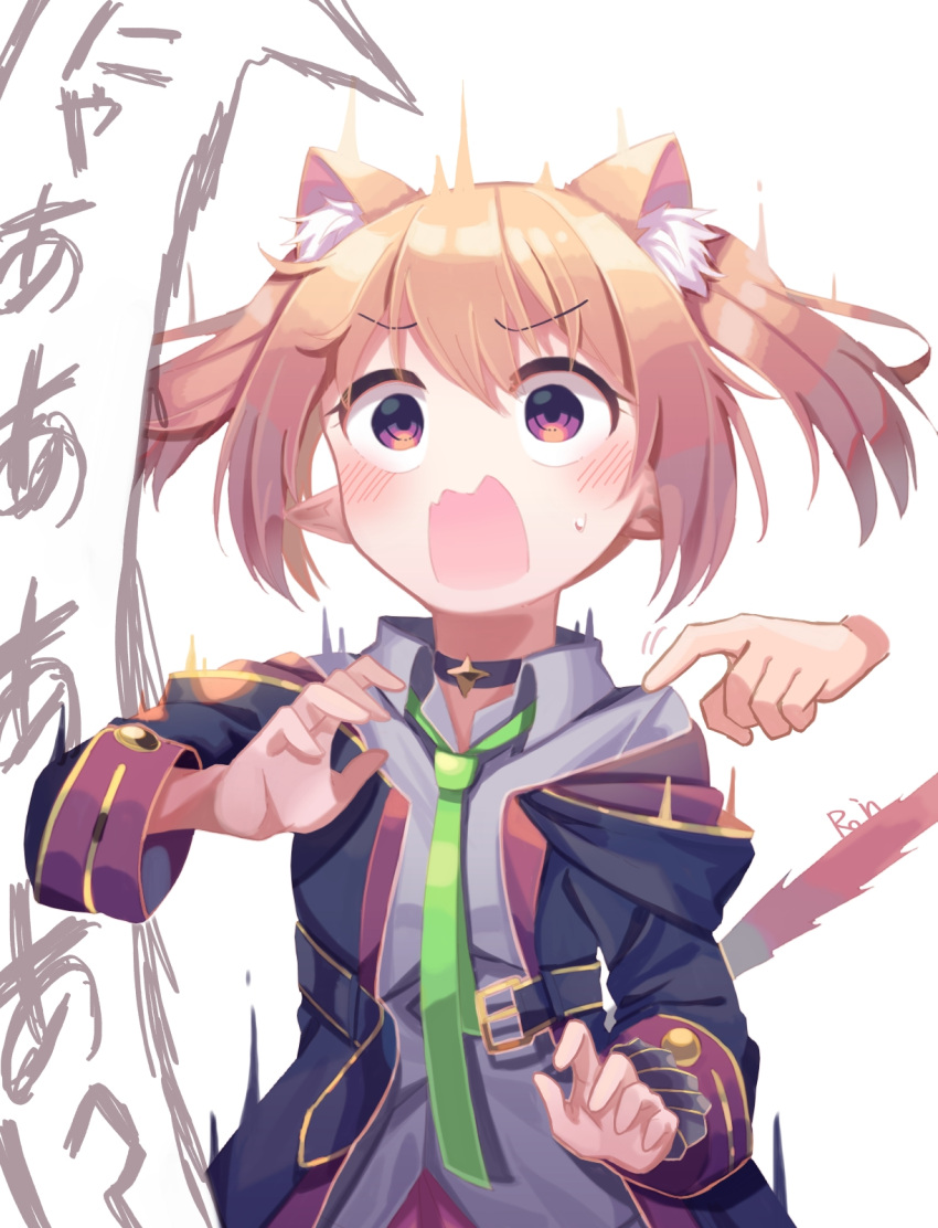 1girl animal_ear_fluff animal_ears artist_name black_choker black_coat blonde_hair blush cat_ears cat_tail chloe_(princess_connect!) choker coat commentary elf flinch green_necktie highres hood hooded_coat motion_lines necktie open_mouth pointy_ears princess_connect! roin school_uniform screaming shirt sidelocks solo_focus st._theresa's_girls_academy_school_uniform surprised tail translated twintails violet_eyes white_background white_shirt