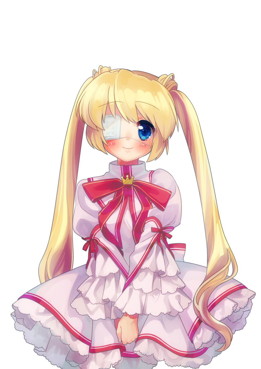 1girl blonde_hair blue_eyes blush closed_mouth commentary cowboy_shot crown dress eyelashes eyepatch frilled_dress frilled_sleeves frills hair_between_eyes happy highres juliet_sleeves kazamatsuri_institute_high_school_uniform long_hair long_sleeves looking_at_viewer may_salamanya mini_crown nakatsu_shizuru neck_ribbon one_eye_covered own_hands_together pink_dress puffy_sleeves red_ribbon rewrite ribbon school_uniform simple_background smile solo standing straight-on straight_hair tareme twintails v_arms very_long_hair white_background wide_sleeves