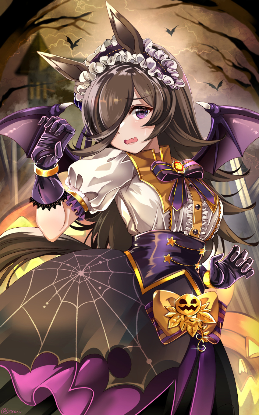 1girl 40naru animal_ears bare_tree bat_(animal) bat_wings black_skirt bow bowtie breasts brooch brown_hair center_frills fang frilled_hairband frills glint gloves hair_over_one_eye hairband high-waist_skirt highres horse_ears horse_girl horse_tail jack-o'-lantern jewelry long_hair looking_at_viewer open_mouth purple_gloves rice_shower_(make_up_vampire!)_(umamusume) rice_shower_(umamusume) shirt shirt_tucked_in skin_fang skirt small_breasts solo standing tail tearing_up tree twitter_username umamusume upper_body violet_eyes white_shirt wings