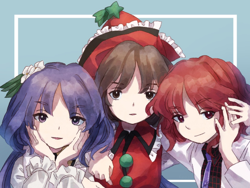 3girls black_shirt blue_background brown_eyes brown_hair closed_mouth collared_shirt commentary_request flower frilled_hat frilled_shirt_collar frilled_sleeves frills hair_flower hair_ornament hands_on_own_cheeks hands_on_own_face hat horikawa_raiko jacket long_hair long_sleeves looking_at_viewer lyrica_prismriver multiple_girls necktie open_clothes open_jacket open_mouth purple_hair purple_necktie red_eyes red_headwear red_shirt redhead retrochaossan shirt simple_background smile touhou tsukumo_benben violet_eyes white_flower white_jacket white_shirt