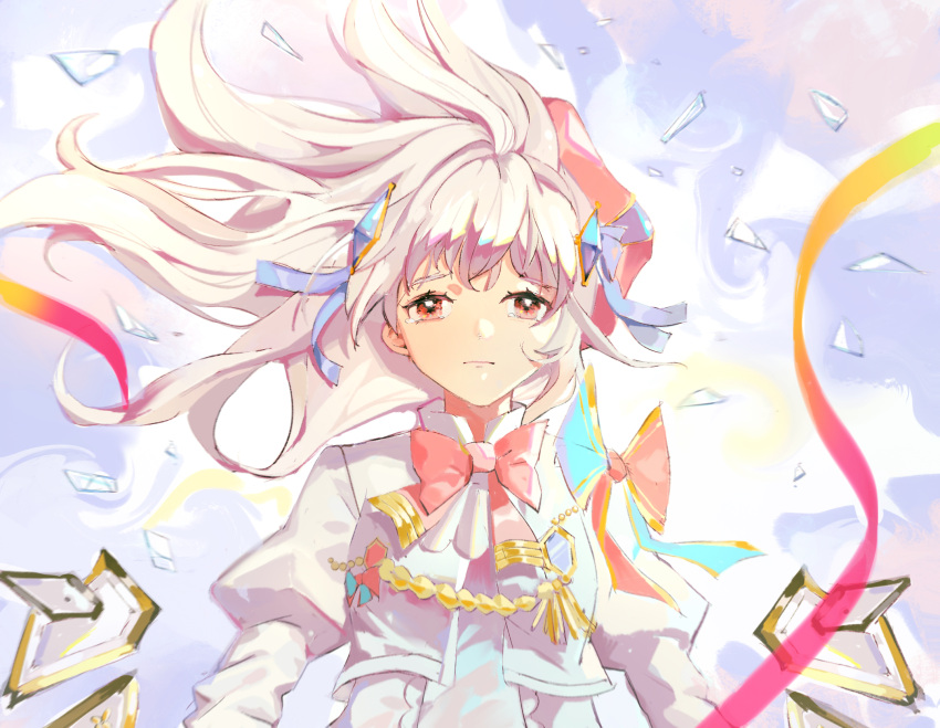 1girl aiguillette arcaea blue_bow blue_eyes bow bowtie broken_glass character_request closed_mouth commentary_request dress glass hair_ornament hair_ribbon highres juliet_sleeves long_hair long_sleeves looking_at_viewer mixed-language_commentary pink_bow pink_bowtie pink_ribbon puffy_sleeves red_eyes reset ribbon solo tearing_up tears upper_body white_dress white_hair yellow_ribbon