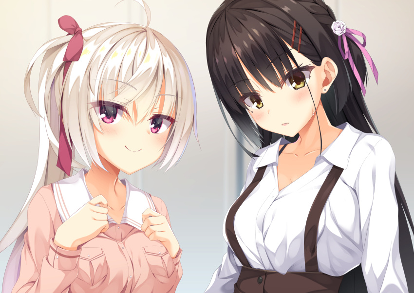 2girls ahoge akizuki_kanna aria. arms_at_sides blurry blurry_background blush braid breasts brown_skirt c: cafe_stella_to_shinigami_no_chou closed_mouth collarbone commentary_request crossed_bangs dress_shirt earrings eyelashes flower frown hair_between_eyes hair_flower hair_ornament hair_ribbon hairclip hands_up high-waist_skirt highres jacket jewelry lips long_sleeves looking_at_viewer medium_breasts mole mole_under_eye multiple_girls pink_jacket pink_ribbon ribbon rose shiki_natsume shirt side_braid side_ponytail simple_background skirt smile stud_earrings suspender_skirt suspenders sweatdrop upper_body violet_eyes white_flower white_hair white_rose white_shirt wing_collar yellow_eyes