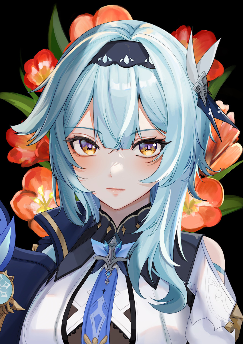 1girl absurdres black_background black_hairband blue_hair blue_necktie closed_mouth clothing_cutout eula_(genshin_impact) floral_background flower genshin_impact gnsn_tukituki hair_ornament hairband highres lips looking_at_viewer medium_hair necktie orange_eyes red_flower shoulder_cutout sidelocks simple_background solo straight-on two-tone_eyes upper_body violet_eyes vision_(genshin_impact)
