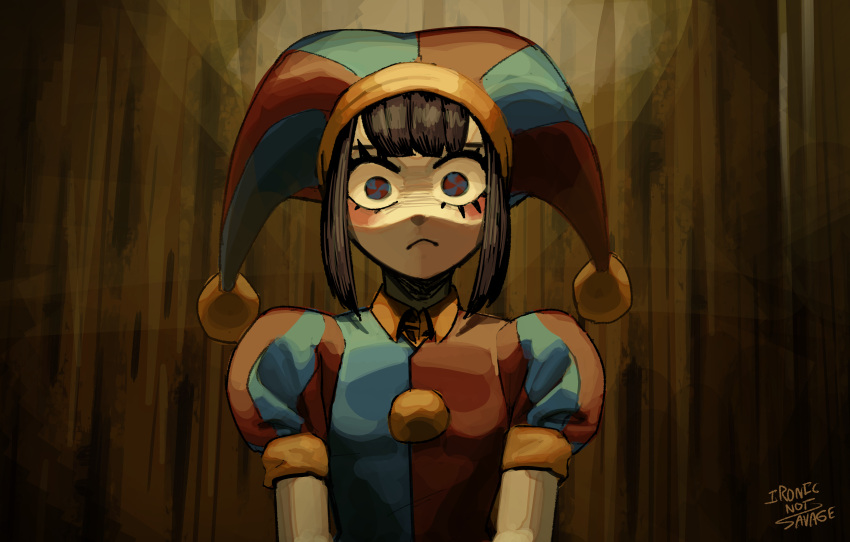 1girl absurdres black_hair blue_bodysuit blue_eyes blue_headwear bodysuit colored_skin hat hat_bell highres ironicnotsavage jester jester_cap joker_(2019) looking_at_viewer multicolored_clothes multicolored_headwear pomni_(the_amazing_digital_circus) red_bodysuit red_eyes red_headwear solo striped striped_headwear the_amazing_digital_circus two-tone_eyes vertical-striped_bodysuit vertical-striped_headwear vertical_stripes white_skin