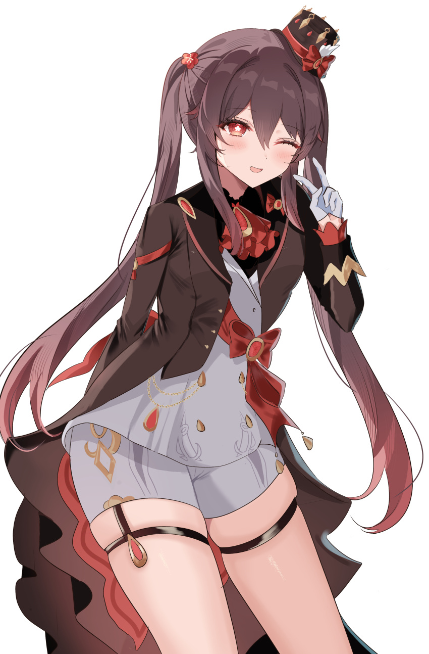 1girl absurdres blush brooch brown_coat brown_hair coat cosplay flower furina_(genshin_impact) furina_(genshin_impact)_(cosplay) gem genshin_impact gloves hair_flower hair_ornament hand_up highres hu_tao_(genshin_impact) jewelry long_hair long_sleeves open_mouth red_flower red_gemstone red_sash rim_(ririm711) sash shorts simple_background smile thigh_strap twintails v very_long_hair white_background white_gloves white_shorts