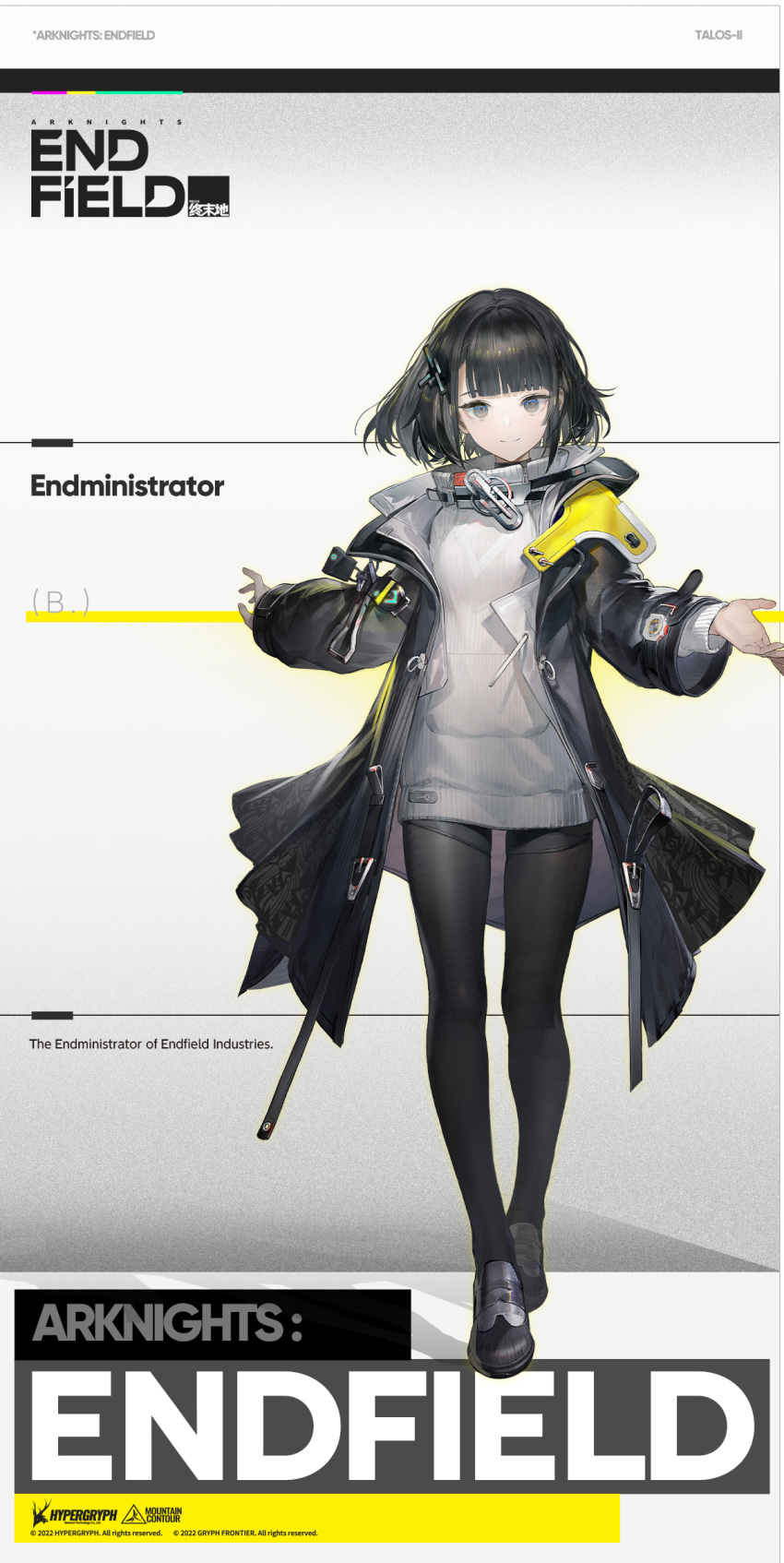 1girl arknights arknights:_endfield black_coat black_eyes black_hair black_pantyhose coat endministrator_(arknights) english_commentary english_text female_endministrator_(arknights) hair_ornament highres layered_sleeves long_sleeves looking_at_viewer official_art open_clothes open_coat open_hand pantyhose ribbed_sweater short_hair simple_background smile solo sweater white_sweater