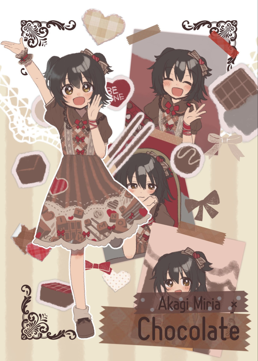 1girl akagi_miria arm_up black_hair blush box box_of_chocolates brown_dress brown_eyes brown_footwear candy chair character_name chocolate chocolate_bar closed_eyes closed_mouth dot_nose dress english_text food food-themed_clothes frilled_dress frills hair_between_eyes hair_ornament hair_ribbon hand_on_own_chin hand_to_own_face heart highres holding holding_box holding_food idolmaster idolmaster_cinderella_girls medium_hair monakocoa on_chair open_mouth pocky puffy_short_sleeves puffy_sleeves ribbon short_sleeves short_twintails smile solo solo_focus standing standing_on_one_leg straight_hair tape twintails wrist_cuffs