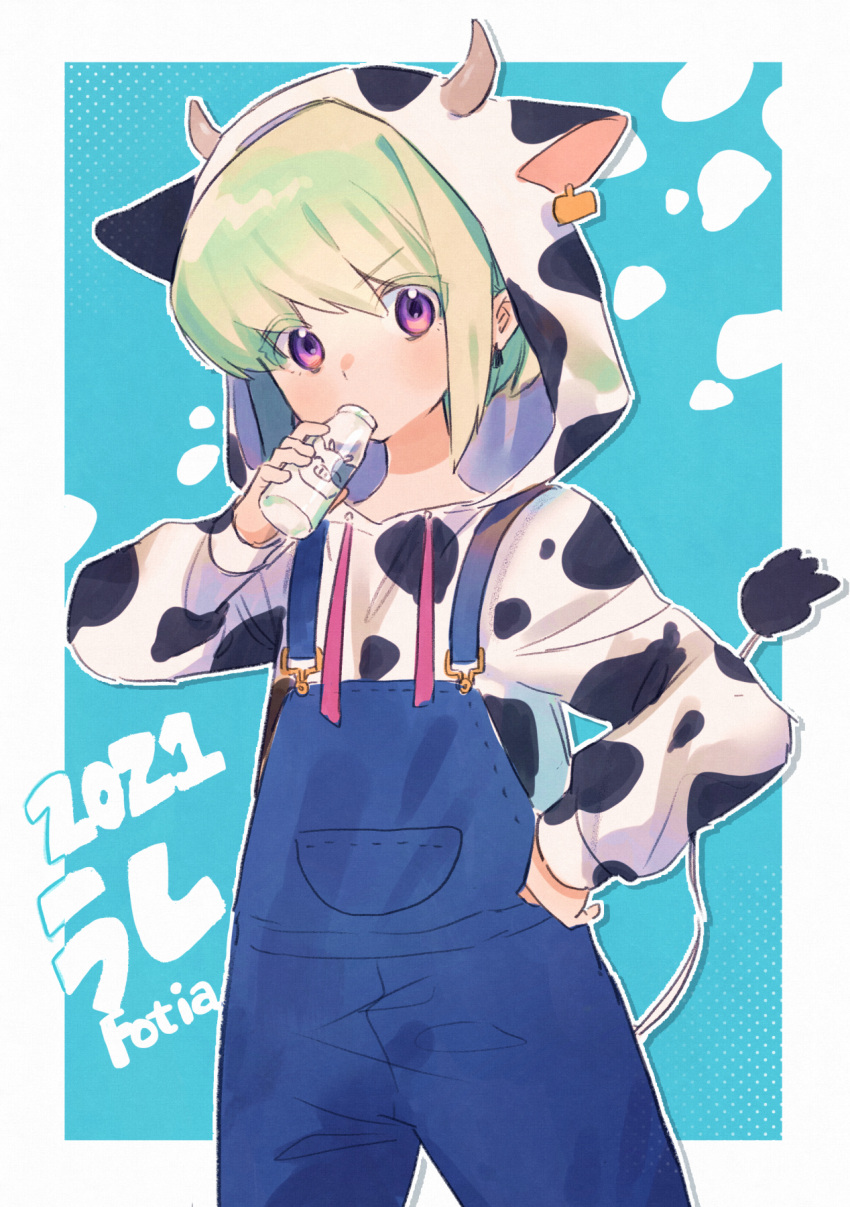 1boy alternate_costume animal_print blue_background blue_overalls border bottle cow_hood cow_print cow_tail drinking ear_tag earrings fake_tail green_hair hand_on_own_hip highres holding holding_bottle hood hoodie jewelry kouhara_yuyu light_blush lio_fotia long_sleeves male_focus milk_bottle otoko_no_ko overalls print_hoodie promare short_hair solo standing tail triangle_earrings v-shaped_eyebrows violet_eyes white_border
