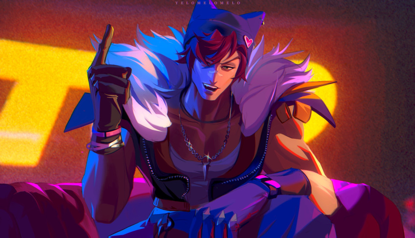bandaid bandaid_on_face bandaid_on_nose black_gloves black_jacket black_pants chadetteisgiga fur-trimmed_jacket fur_trim gloves hat heartsteel_(league_of_legends) heartsteel_sett highres jacket jewelry large_pectorals league_of_legends male_focus muscular muscular_male necklace official_alternate_costume open_clothes open_mouth pants pectorals pink_hair sett_(league_of_legends) short_hair sleeveless sleeveless_jacket tank_top white_tank_top