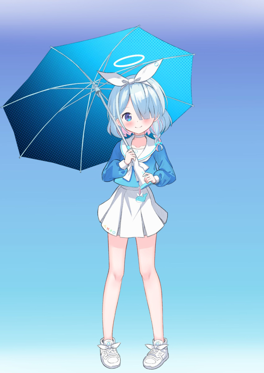 1girl arona_(blue_archive) blue_archive blue_eyes blue_hair blue_halo blush choker closed_mouth collarbone colored_inner_hair efu_(ehutan) full_body hair_over_one_eye halo highres holding holding_umbrella long_sleeves looking_at_viewer multicolored_hair pink_hair pleated_skirt sailor_collar shoes short_hair skirt smile solo umbrella white_choker white_footwear white_sailor_collar white_skirt