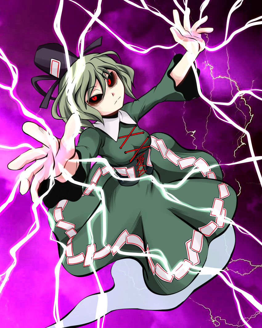 1girl absurdres ayana_mizuki black_headwear black_sclera closed_mouth colored_sclera commentary_request cross-laced_clothes dress ghost_tail green_dress green_hair hat highres lightning long_sleeves looking_at_viewer ofuda ofuda_on_clothes purple_background red_eyes short_hair soga_no_tojiko solo tate_eboshi touhou