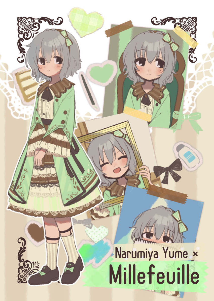 1girl black_eyes black_footwear blush book bottle chair character_name child closed_eyes closed_mouth coat custard dot_nose dress empty_picture_frame english_text food food-themed_clothes frilled_dress frills green_coat green_ribbon grey_hair hair_ornament hair_ribbon heart highres holding holding_book holding_frame idolmaster idolmaster_cinderella_girls long_sleeves medium_hair mole mole_under_eye monakocoa multicolored_clothes narumiya_yume on_chair open_mouth paintbrush pastry picture_frame ribbon sitting sketchbook smile socks solo solo_focus standing tape wavy_hair