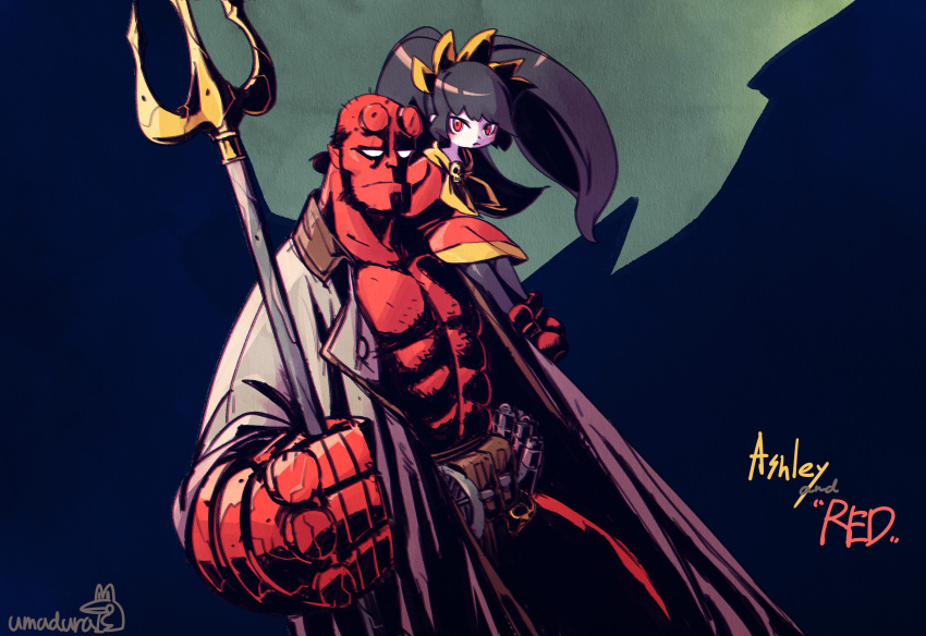 1boy 1girl abs absurdres ammunition_belt ashley_(warioware) bald beard black_hair black_pantyhose blue_background broken_horn broken_horns brown_coat character_name closed_mouth coat colored_skin commentary crossover demon_boy dress facial_hair frown hellboy hellboy_(comic) highres holding_trident horns long_hair neckerchief no_pupils orange_neckerchief pantyhose pectorals power_connection red_dress red_eyes red_footwear red_skin signature sitting_on_shoulder size_difference skull_ornament twintails umadura_ero warioware