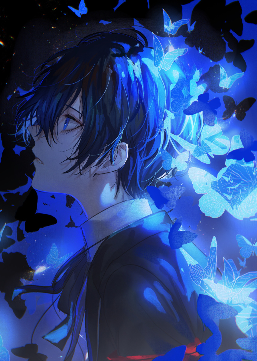 1boy armband asano_(kazusasn) blue_butterfly blue_eyes blue_hair bug butterfly from_side gekkoukan_high_school_uniform glowing_butterfly hair_between_eyes highres light_particles looking_ahead male_focus parted_lips persona persona_3 profile school_uniform short_hair solo yuuki_makoto