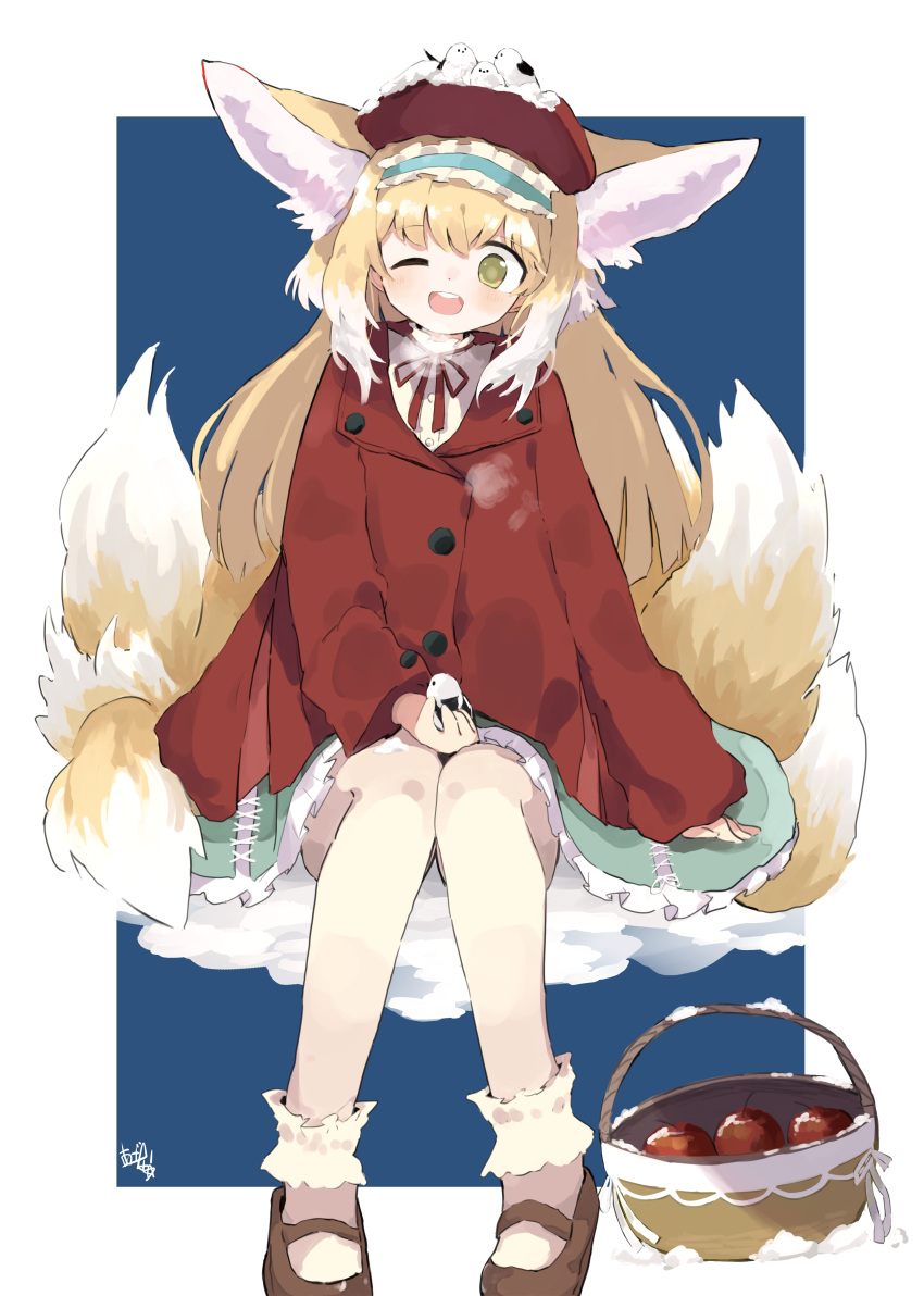 1girl absurdres animal_ear_fluff animal_ears ankle_socks apple arknights azana basket bird blonde_hair blue_background blue_hairband bobby_socks border breath brown_footwear colored_tips commentary_request cross-laced_clothes cross-laced_skirt cross-laced_slit food fox_ears fox_girl fox_tail frilled_hairband frills fruit full_body green_eyes green_skirt hairband highres invisible_chair jacket kitsune kyuubi long_sleeves looking_at_viewer mary_janes multicolored_hair multiple_tails neck_ribbon official_alternate_costume one_eye_closed open_mouth outside_border partial_commentary red_headwear red_jacket red_ribbon ribbon round_teeth shirt shoes sitting skirt socks solo suzuran_(arknights) suzuran_(spring_praise)_(arknights) tail teeth two-tone_hair upper_teeth_only white_border white_hair white_shirt white_socks