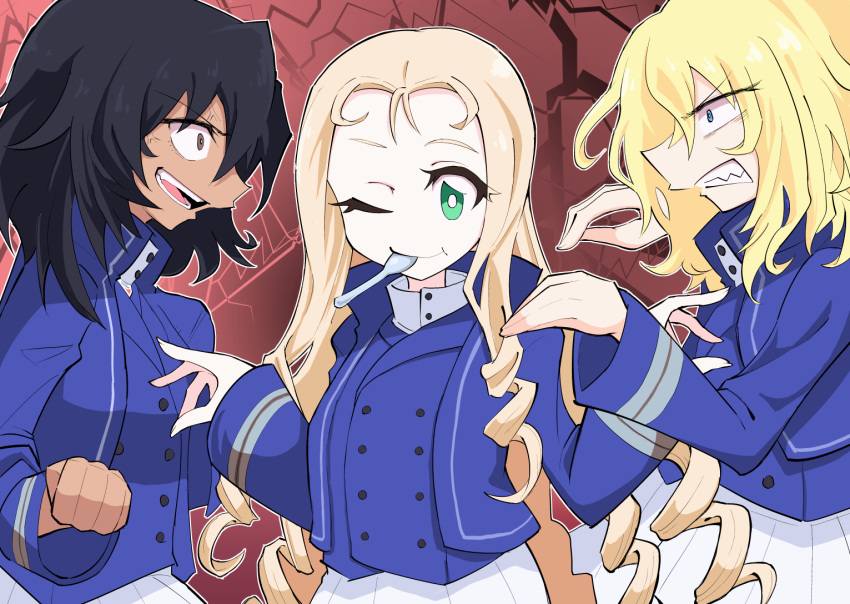 3girls andou_(girls_und_panzer) anger_vein angry bc_freedom_military_uniform black_eyes black_hair blonde_hair blue_eyes blue_jacket blue_vest bright_pupils clenched_hand constricted_pupils dark-skinned_female dark_skin dress_shirt drill_hair electricity fighting_stance frown girls_und_panzer green_eyes grimace hand_on_another's_chest high_collar jacket long_hair long_sleeves looking_at_another marie_(girls_und_panzer) medium_hair messy_hair military_uniform mouth_hold multiple_girls nuka_cola06 one_eye_closed open_mouth oshida_(girls_und_panzer) pleated_skirt shirt skirt smile spoon standing uniform utensil_in_mouth vest white_pupils white_shirt white_skirt
