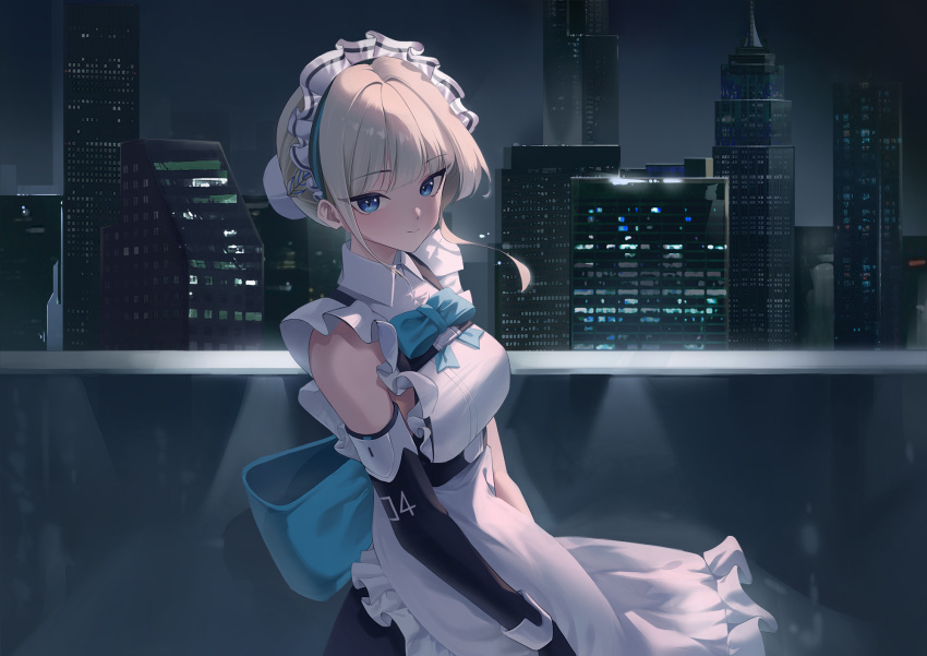 1girl apron blonde_hair blue_archive blue_bow blue_bowtie blue_eyes blue_hair blush bow bowtie braid breasts building bun_cover closed_mouth frilled_apron frills hair_bun highres looking_at_viewer maid maid_apron maid_headdress medium_breasts multicolored_hair night outdoors short_hair smile solo streaked_hair toki_(blue_archive) upper_body white_apron winterflower