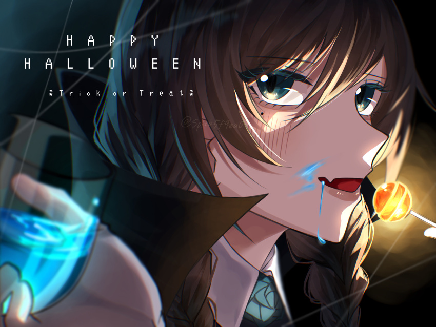 1girl ado_(utaite) aqua_eyes black_hair blue_eyes blue_flower blue_liquid blue_rose blush braid candy close-up cloud_nine_inc collared_shirt cup drinking_glass fang flower food from_side glowing green_eyes hair_between_eyes halloween hands_up happy_halloween highres holding holding_candy holding_cup holding_food holding_lollipop liquid_from_mouth lollipop long_hair looking_at_viewer mole mole_under_eye open_mouth popped_collar portrait rose shirt skin_fang smile solo spica5f9ea0 trick_or_treat twin_braids twitter_username white_shirt wine_glass