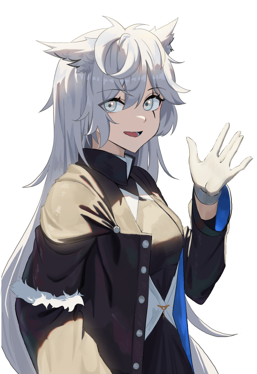 1girl absurdres animal_ears arknights black_coat black_dress breasts buttons coat cowboy_shot dress gloves grey_eyes grey_gloves grey_hair hair_between_eyes hand_up highres lappland_(arknights) lappland_(refined_horrormare)_(arknights) long_hair long_sleeves looking_at_viewer lower_teeth_only medium_breasts natoriusu_sansei official_alternate_costume open_clothes open_coat open_mouth scar scar_across_eye simple_background smile solo teeth very_long_hair waving white_background wolf_ears