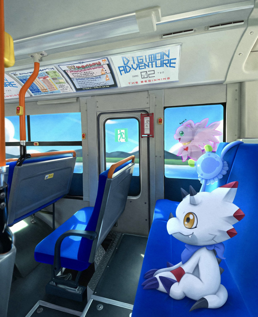blue_sky brown_eyes day digimon digimon_(creature) from_side gammamon green_eyes highres horns jellymon looking_at_another marinangemon mountainous_horizon no_humans sayuri_d_(liliana86973943) sitting sky train_interior triceratops water window wings