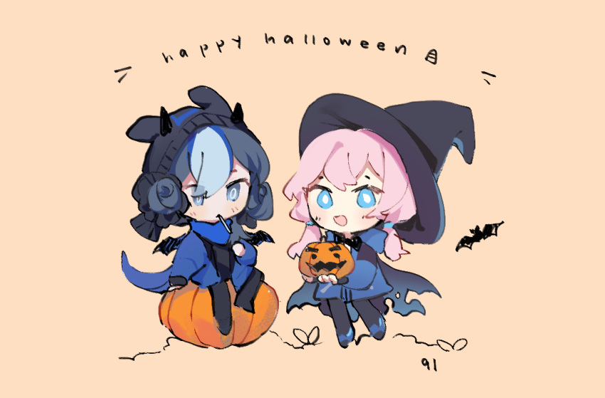 2girls arknights blue_eyes blue_hair blue_jacket blue_poison_(arknights) cape dailybloopy glaucus_(arknights) hair_between_eyes halloween halloween_costume hat jacket long_sleeves medium_hair multiple_girls open_mouth pantyhose pink_hair pumpkin slug_girl twintails witch_hat