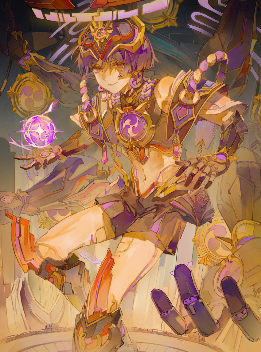 1boy bishounen black_gloves doll_joints genshin_impact gloves highres jewelry joints lic_617 male_focus midriff necklace purple_hair scaramouche_(genshin_impact) shorts smile solo thighs violet_eyes
