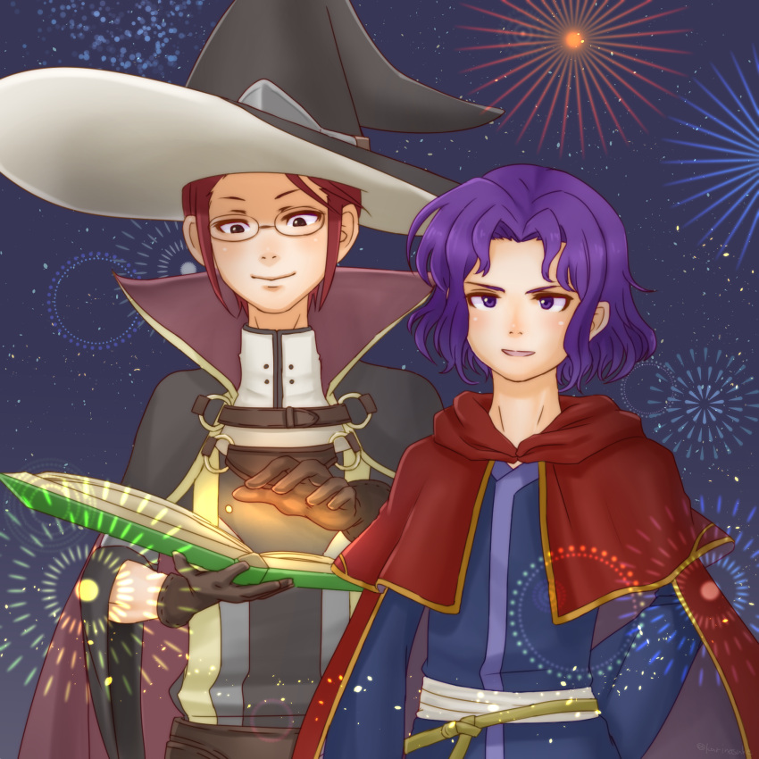 2boys book erk_(fire_emblem) fire_emblem fire_emblem:_the_blazing_blade fire_emblem_awakening fireworks highres holding holding_book karinosuke laurent_(fire_emblem) looking_at_viewer male_focus multiple_boys purple_hair upper_body world_witches_series