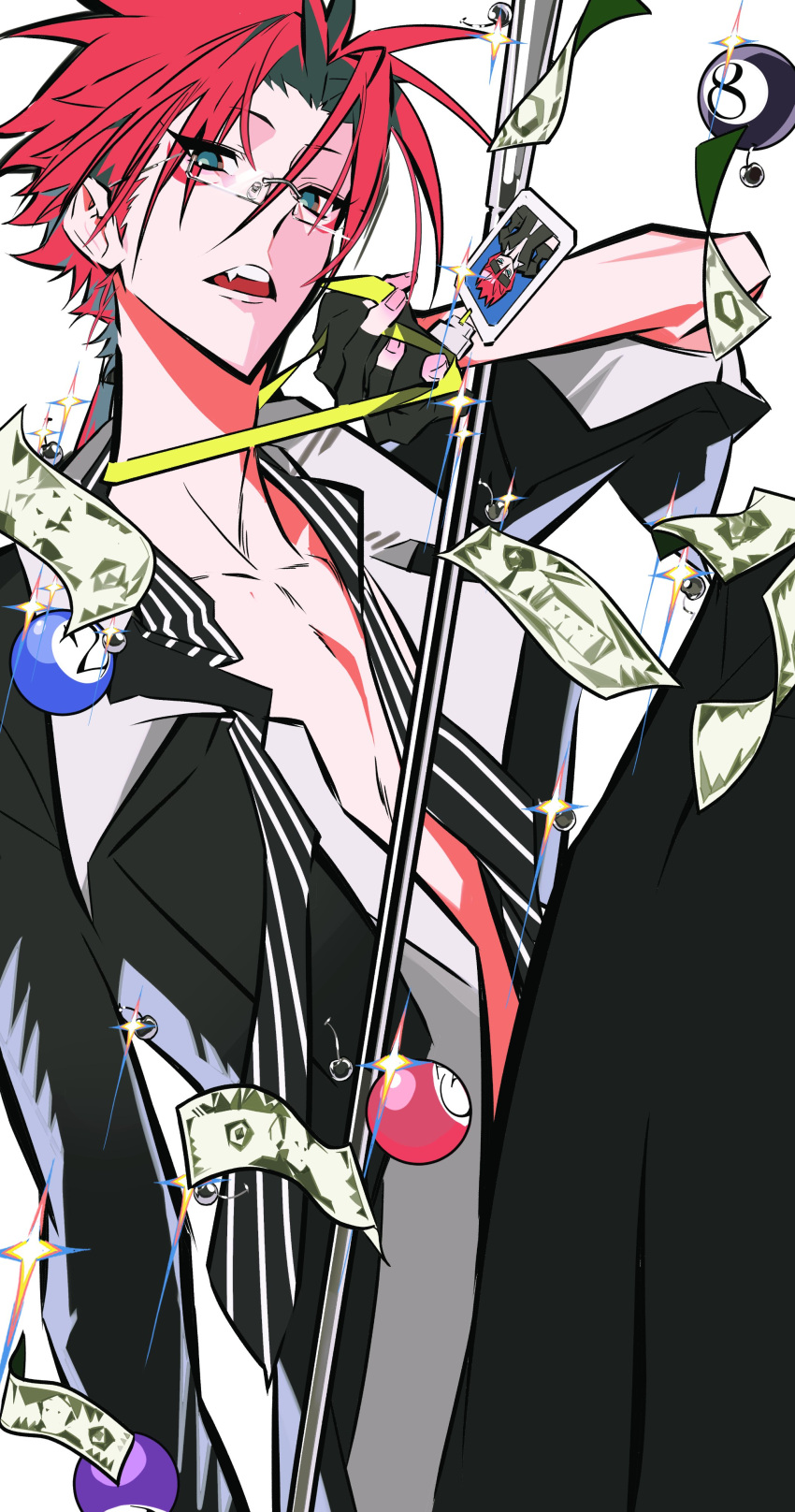 1boy 8-ball absurdres ball banknote billiard_ball black_gloves black_jacket black_pants black_suit blue_eyes fang final_fantasy final_fantasy_vii fingerless_gloves glasses gloves highres holding holding_staff holding_weapon id_photo jacket lanyard lihonghua314 long_eyelashes long_sleeves low_ponytail male_focus money open_clothes open_jacket open_mouth open_shirt pants pinstripe_pattern pinstripe_shirt ponytail rectangular_eyewear redhead reno_(ff7) shirt simple_background sitting solo sparkle staff striped suit unbuttoned unbuttoned_shirt weapon white_background