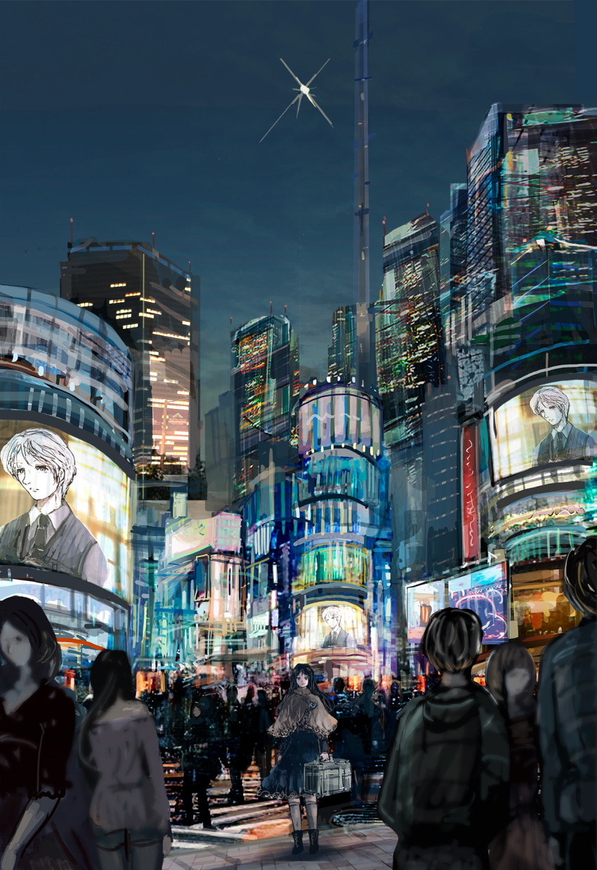 building city crowd highres multiple_others night night_sky original outdoors people scenery sky star_(sky) yamaneko8686